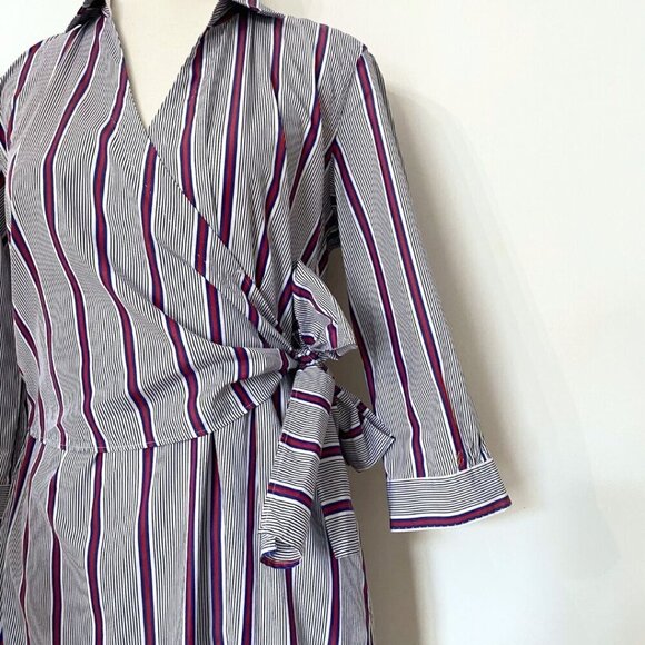 LE SARTE PETTEGOLE 100% COTTON WHITE BLUE RED STRIPED WRAP SHIRT DRESS - XS (40) - Picture 4 of 12